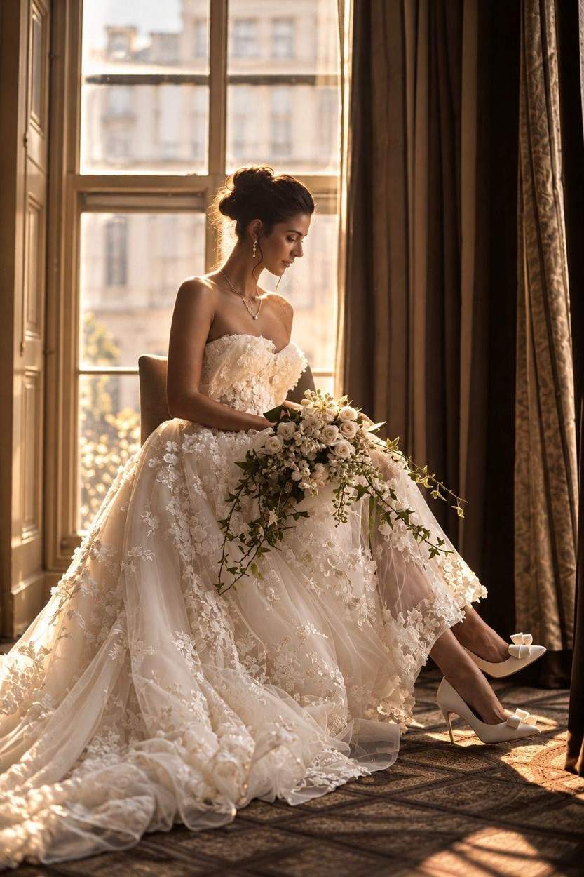 A bride in a floral-embroidered gown with a long train sits in a velvet-draped window seat with a trailing bouquet, her white bow heels resting on the carpet in low golden light.