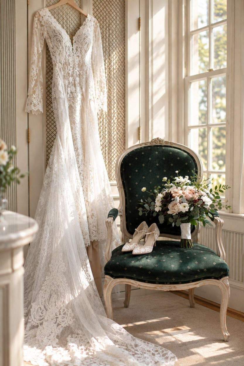 A lace wedding gown hanging beside a window, with bridal shoes and a bouquet resting on a green velvet armchair in soft sunlight.