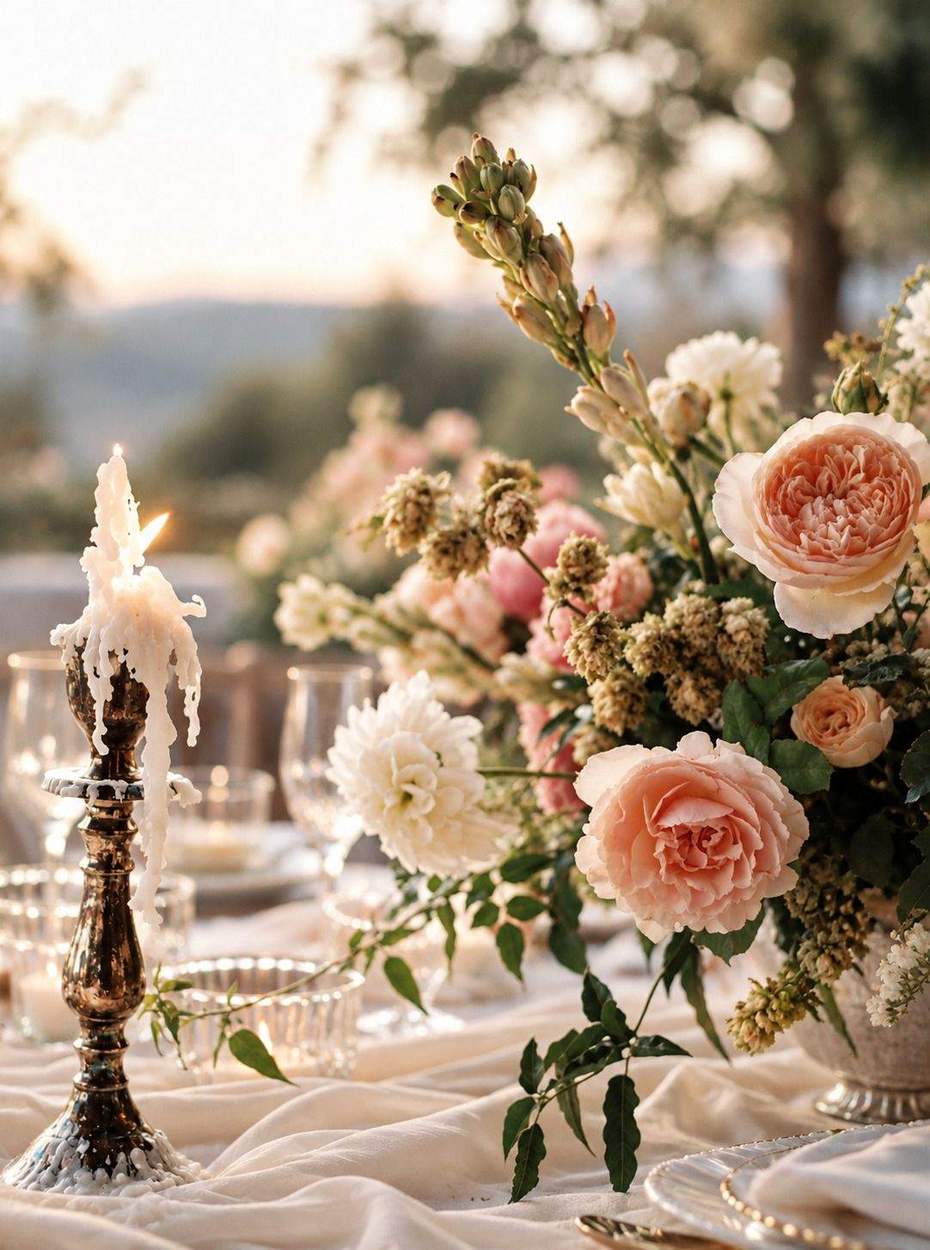A reception table at golden hour with a lush arrangement of peach garden roses, cream dahlias and green sprigs beside a candlestick dripping with white wax.