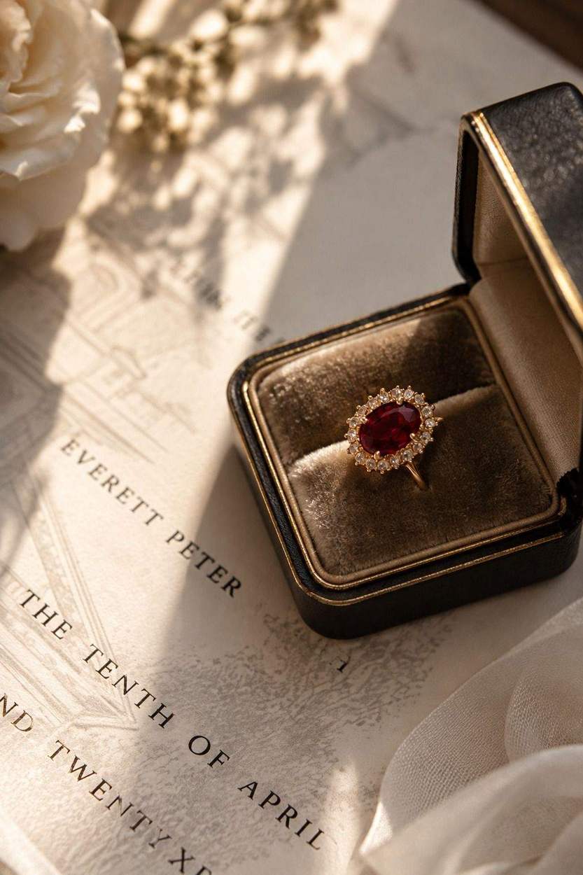 A ruby-and-diamond halo ring in an open black velvet ring box resting on a letterpress wedding invitation beside a cream rose and a strip of silk.