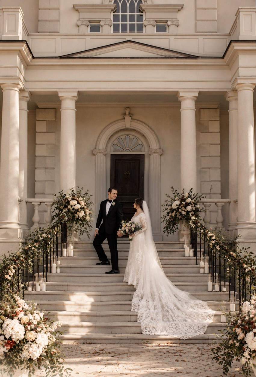 A groom in a black tuxedo and a bride in a long lace gown and cathedral veil on stone steps before an arched door, flanked by large cream floral arrangements and candles.