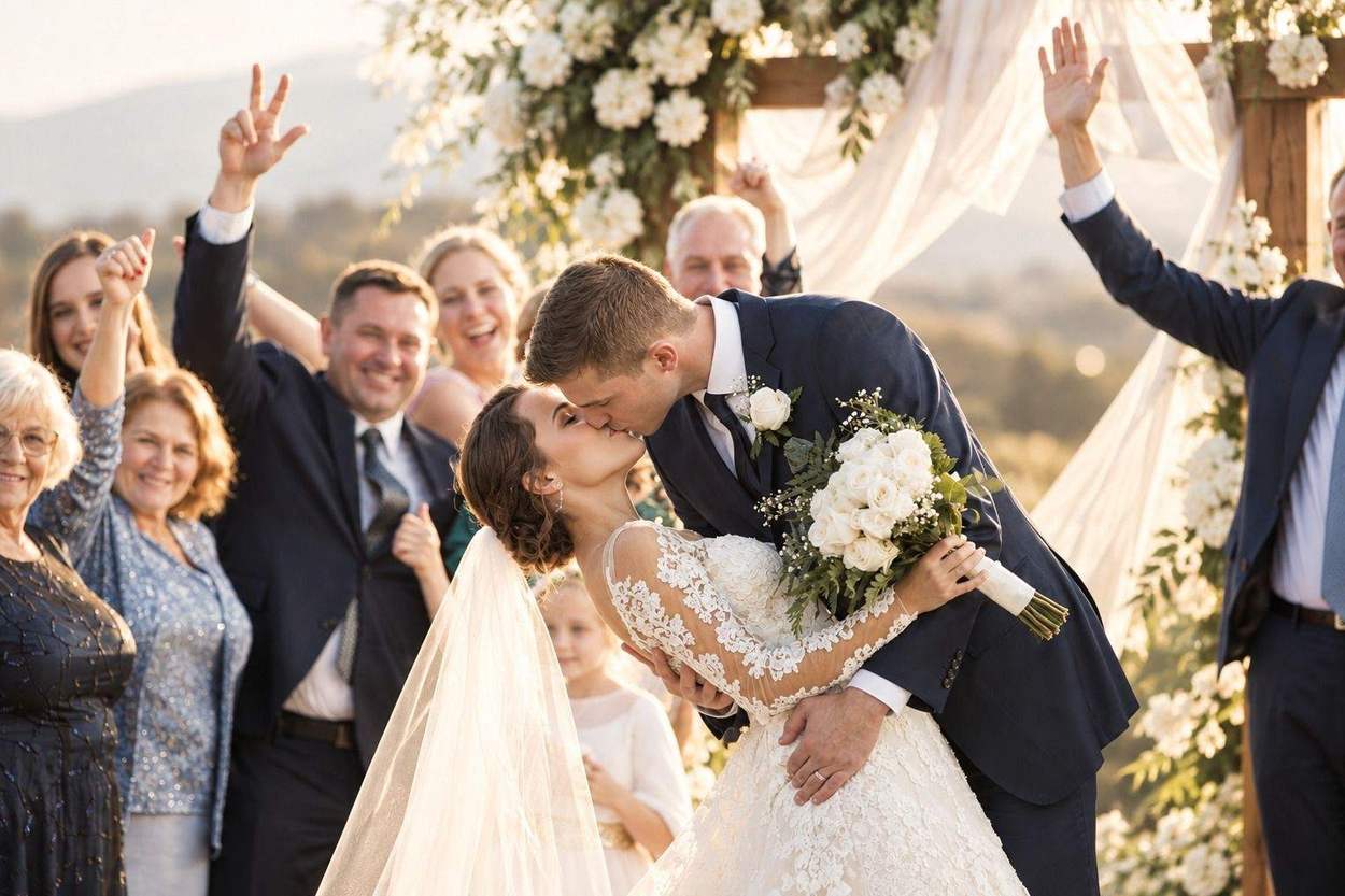 A groom dips his bride in a kiss at an outdoor ceremony beneath a floral arch, as smiling guests behind them cheer with their arms raised.
