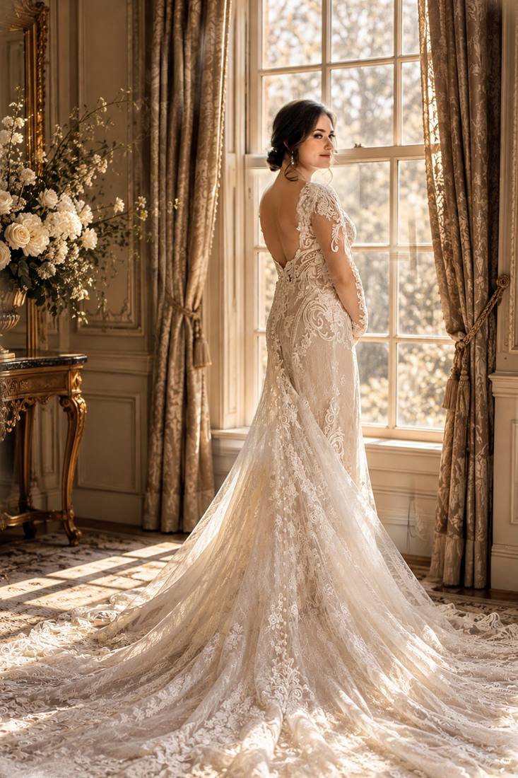 Bride in a lace gown with an open back standing at a tall window, the train spread across the floor