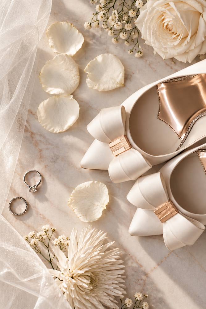 Flat lay of white bridal heels with bows, wedding rings, petals and cream flowers on a pale satin surface