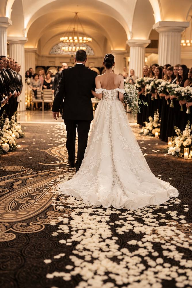 Bride in a long gown walking up an aisle strewn with rose petals toward seated guests in an arched, candlelit hall