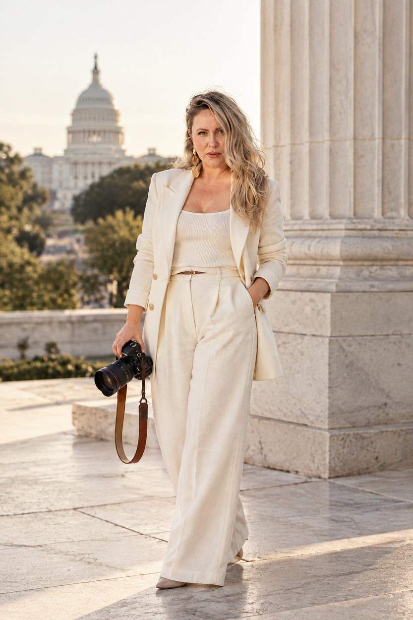 Oli Namburi, Washington DC wedding photographer, in a cream linen suit holding a camera, with the U.S. Capitol behind her.