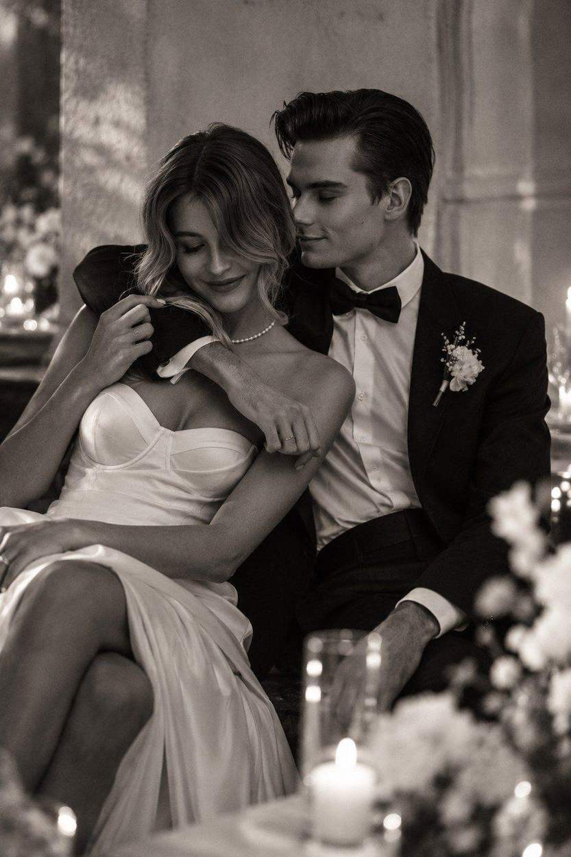 Washington DC photographer black and white wedding portrait: a bride in a satin gown and her groom in a tuxedo embracing on a sofa among candles and flowers.