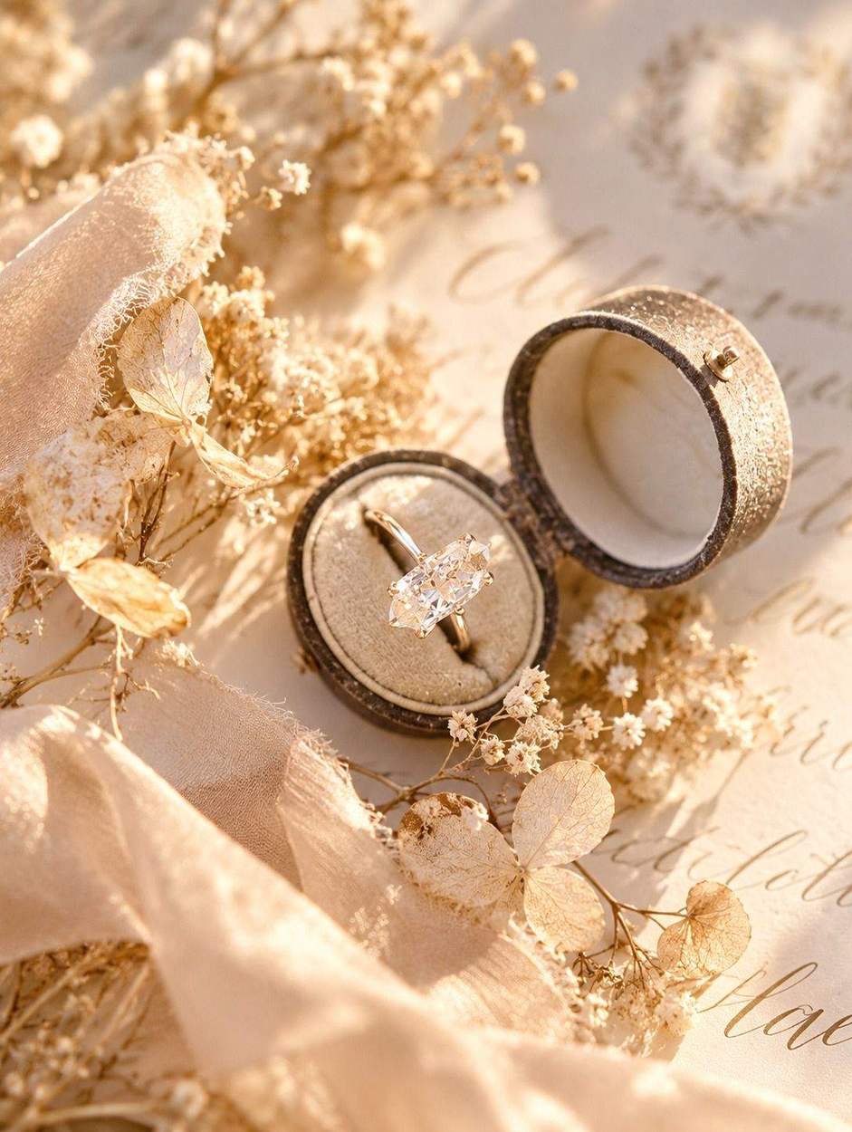 Washington DC photographer wedding details: a diamond engagement ring in a vintage ring box among dried flowers and silk ribbon.