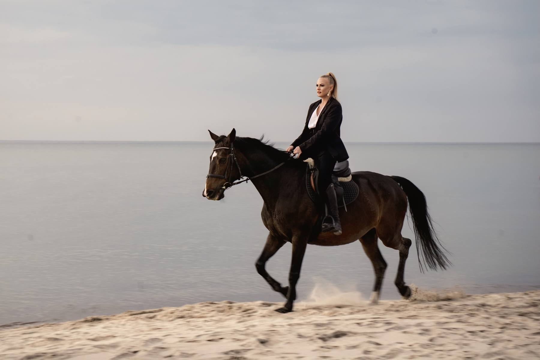 Woman riding a dark horse at a trot along the shoreline, sand kicking up behind them, calm water and gray sky