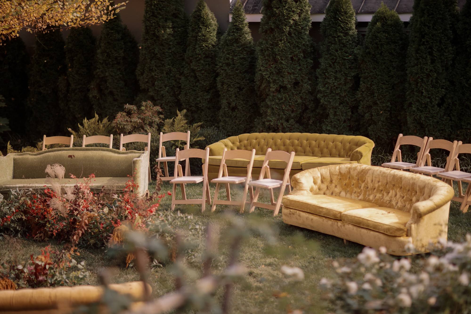 Ceremony seating of vintage mustard and sage velvet sofas and wooden folding chairs on a lawn in front of tall arborvitae, with red autumn florals at the left