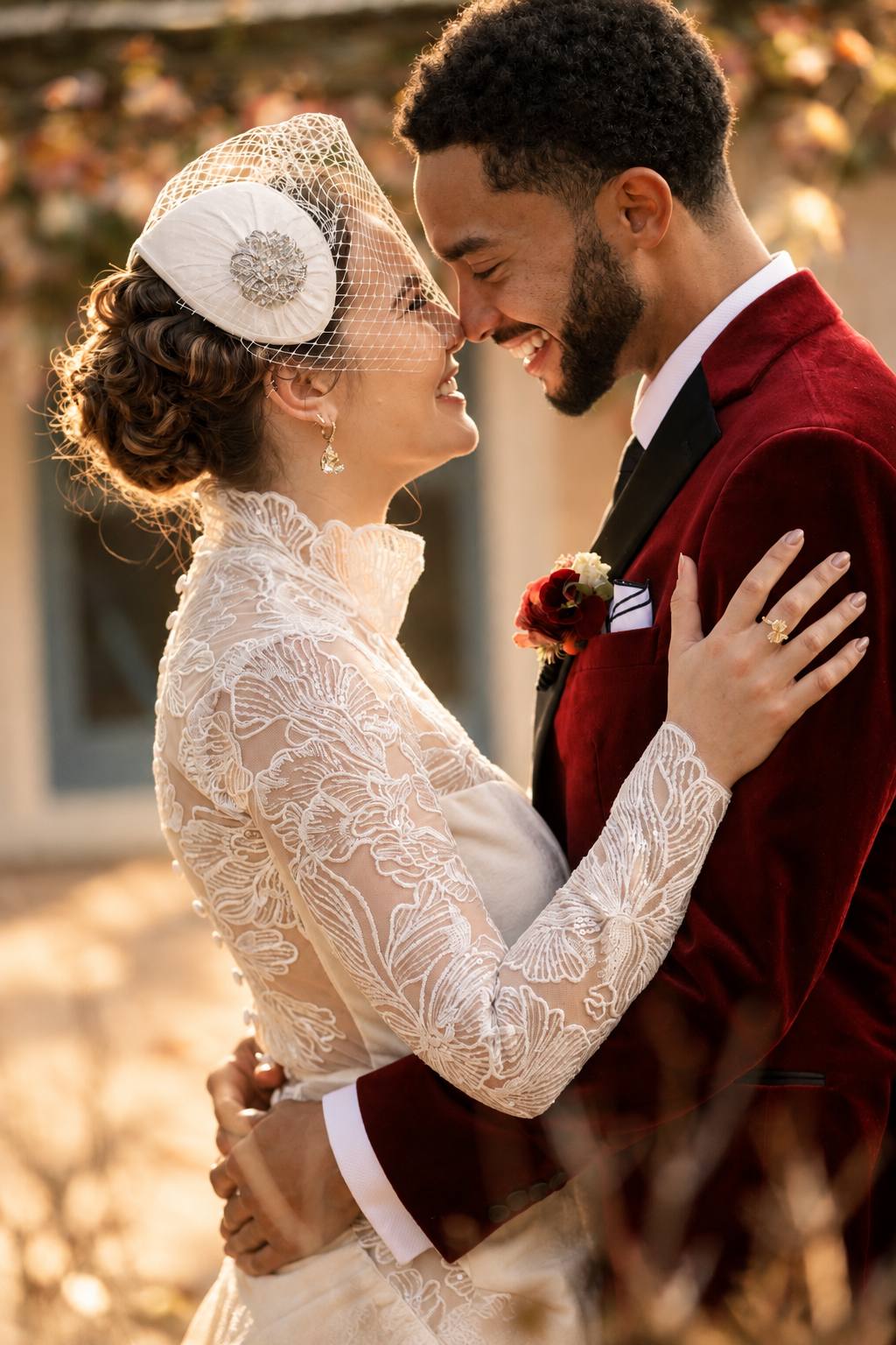 Bride in a birdcage veil and high-neck lace gown laughing nose to nose with the groom in a red velvet jacket, golden autumn light behind them